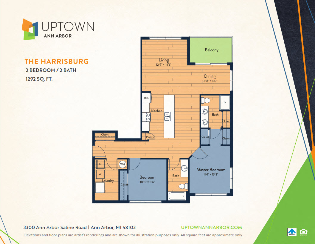 Floor plan for 2 beds, 2 baths, 1292 sqft